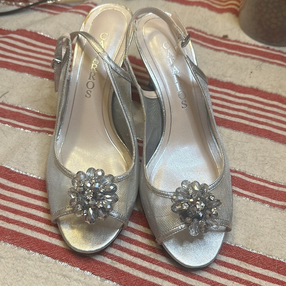 Silver Mesh and Leather Wedge Heels with Rhinestone Flower